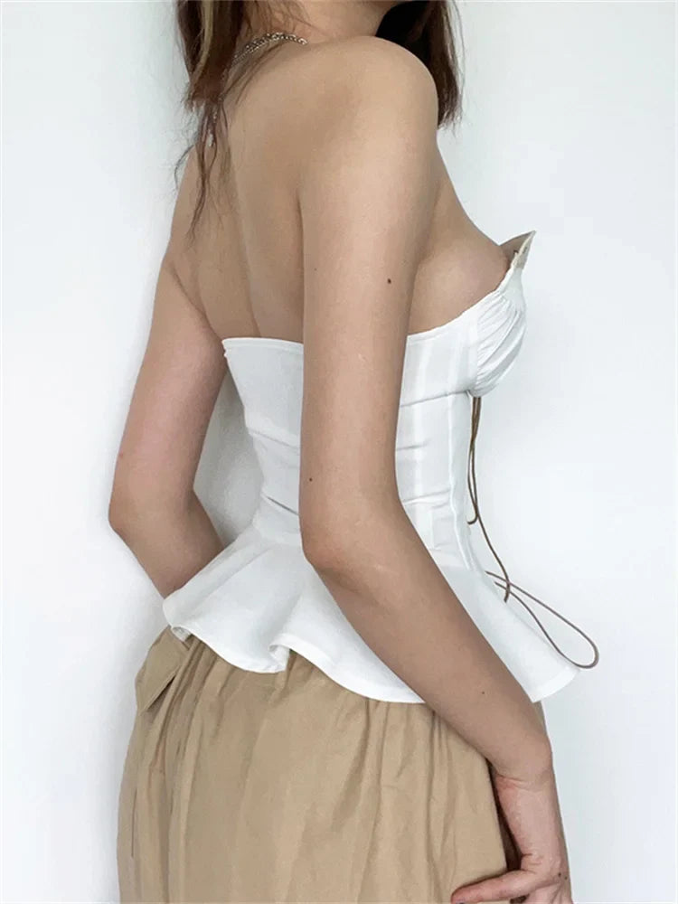 Y2K Strapless Off Shoulder Tube Cropped Summer Clubwear Front Hollow Out Criss-cross Tie-up for Vest Crop Top