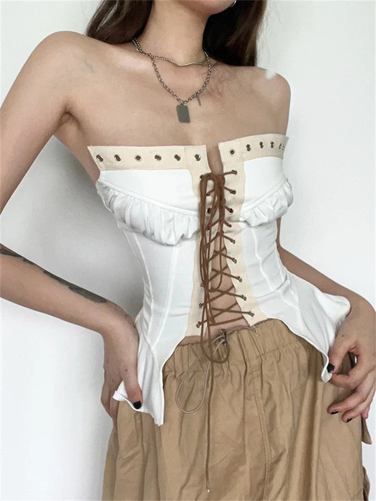 Y2K Strapless Off Shoulder Tube Cropped Summer Clubwear Front Hollow Out Criss-cross Tie-up for Vest Crop Top