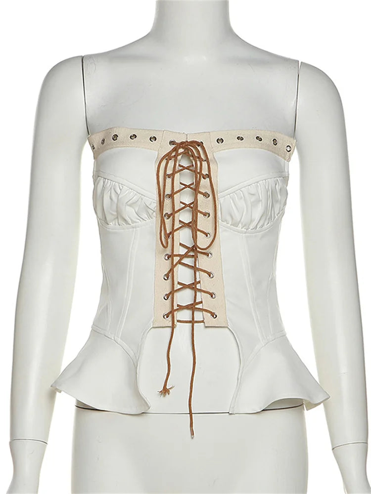 Y2K Strapless Off Shoulder Tube Cropped Summer Clubwear Front Hollow Out Criss-cross Tie-up for Vest Crop Top