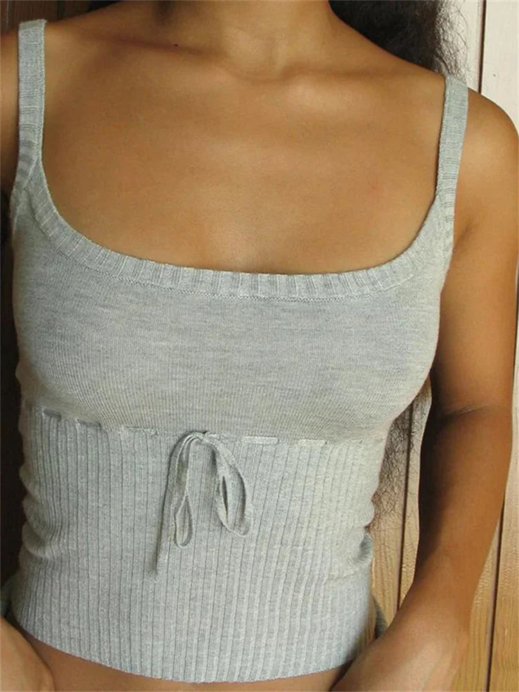 Y2K Vintage Backless Slim Fit Chic Bow Tie Up Knitted Adjustable Strap Retro Vest Clubwear Crop Top