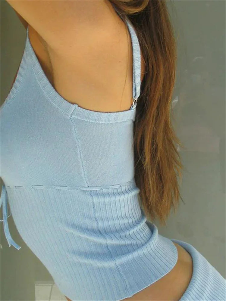 Y2K Vintage Backless Slim Fit Chic Bow Tie Up Knitted Adjustable Strap Retro Vest Clubwear Crop Top