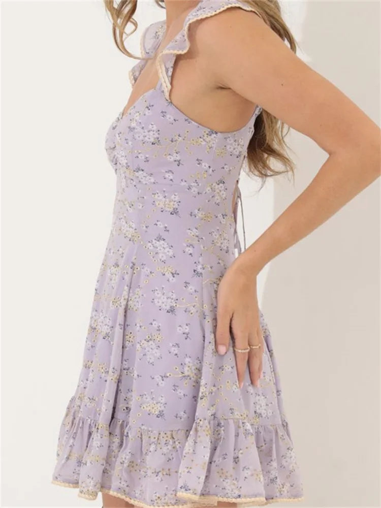 Vintage Floral Print Criss-cross Tie-up Mini Dresses