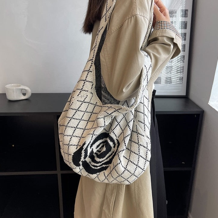 Camellia Flower Print Knit Hobo Bags - 4 Colors