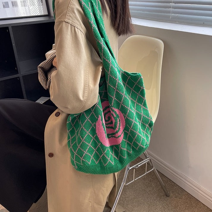 Camellia Flower Print Knit Hobo Bags - 4 Colors