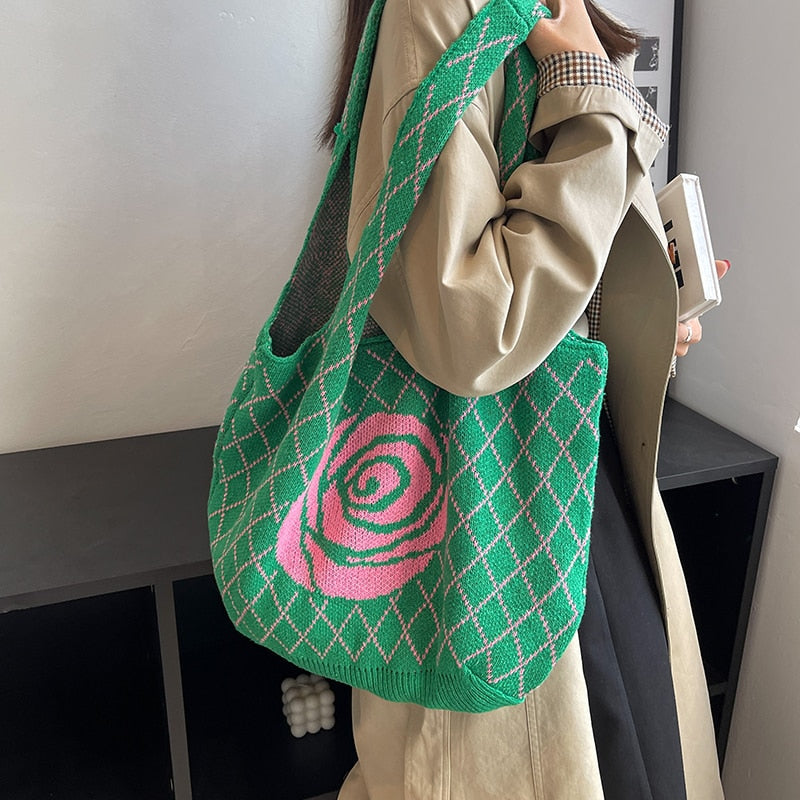 Camellia Flower Print Knit Hobo Bags - 4 Colors