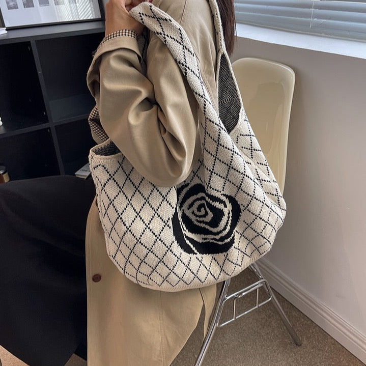 Camellia Flower Print Knit Hobo Bags - 4 Colors