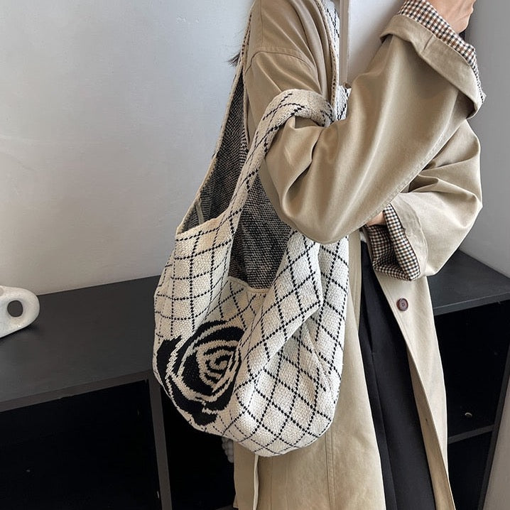 Camellia Flower Print Knit Hobo Bags - 4 Colors