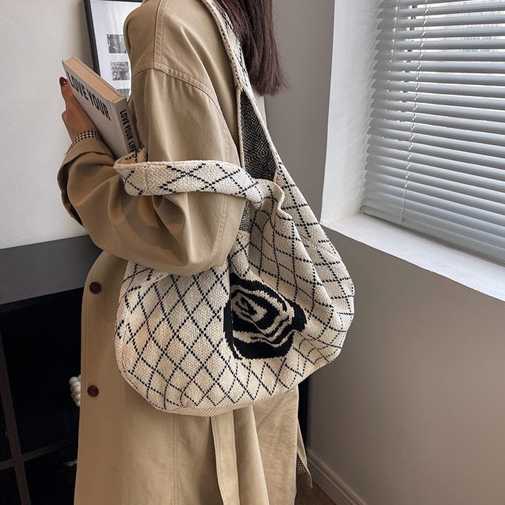 Camellia Flower Print Knit Hobo Bags - 4 Colors