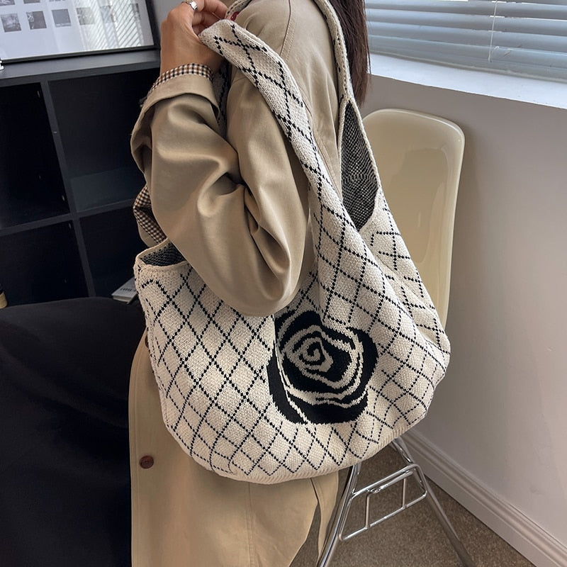 Camellia Flower Print Knit Hobo Bags - 4 Colors