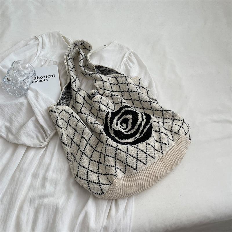 Camellia Flower Print Knit Hobo Bags - 4 Colors