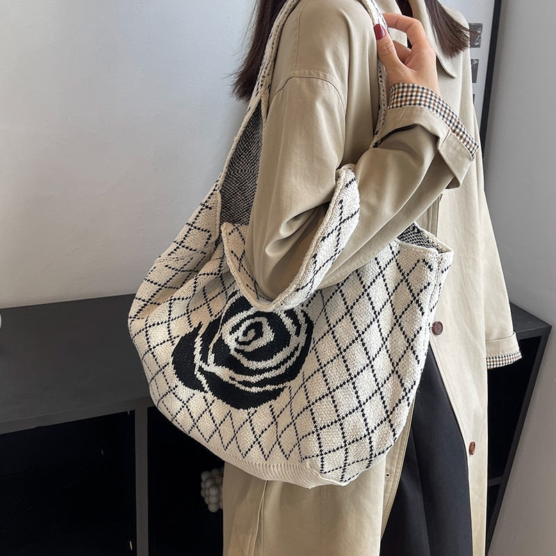 Camellia Flower Print Knit Hobo Bags - 4 Colors