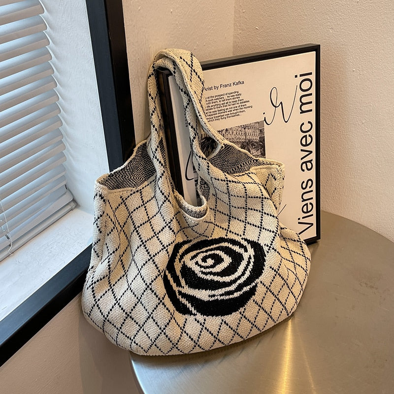 Camellia Flower Print Knit Hobo Bags - 4 Colors