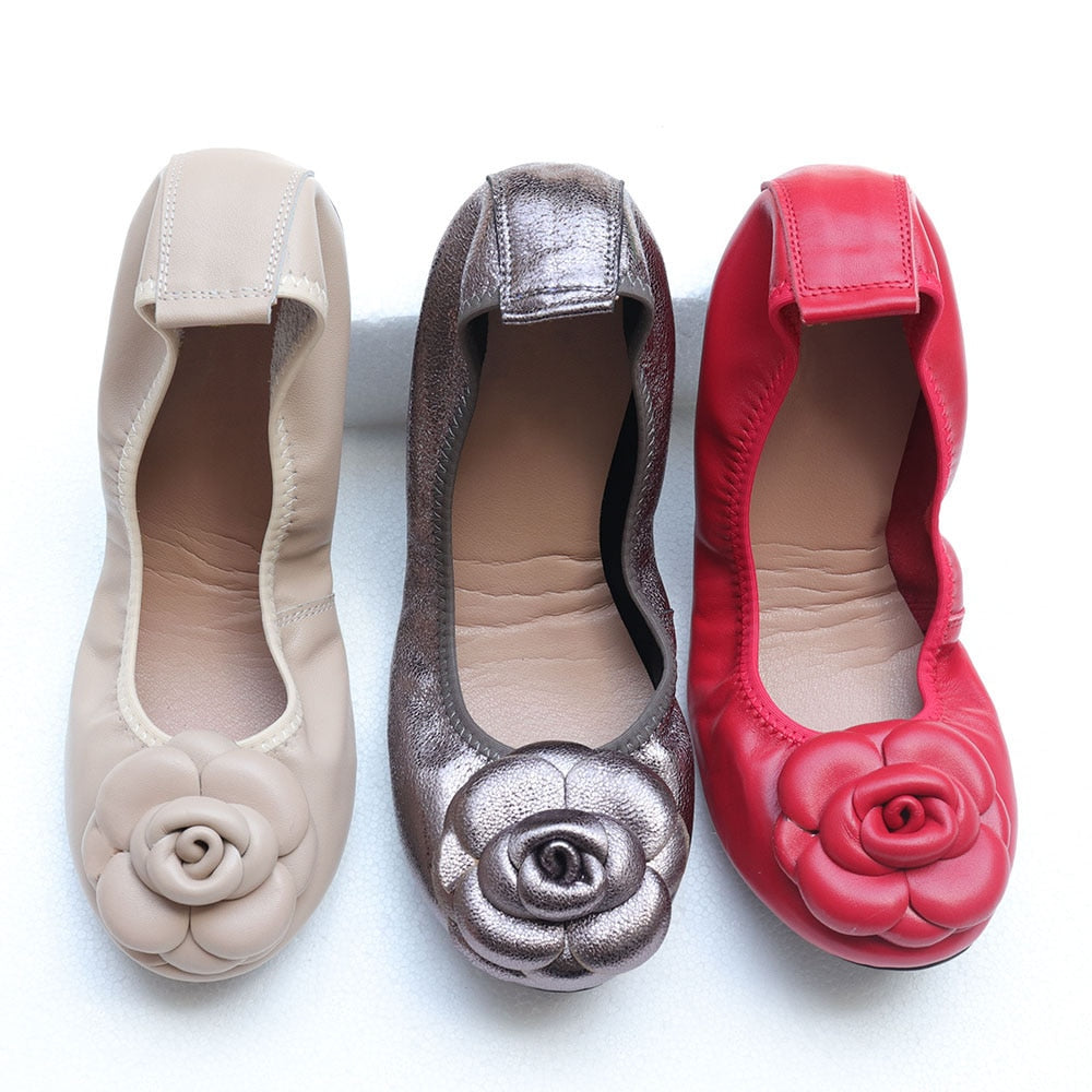 Camellia Genuine Leather Slip On Ballet Flats - Silver/41