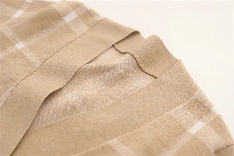 Casual Plaid Camel Knit Cardigan