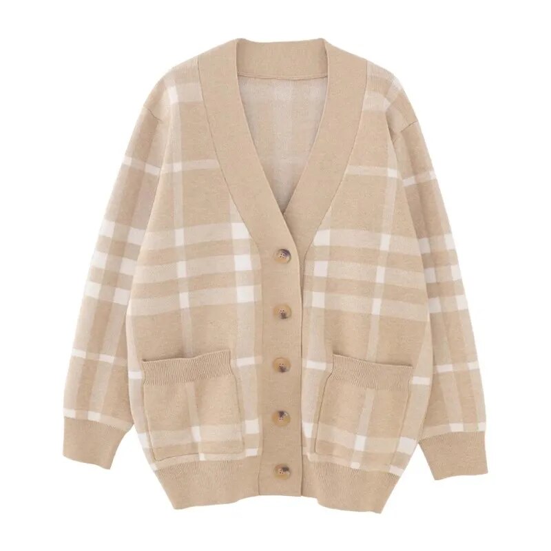 Casual Plaid Camel Knit Cardigan