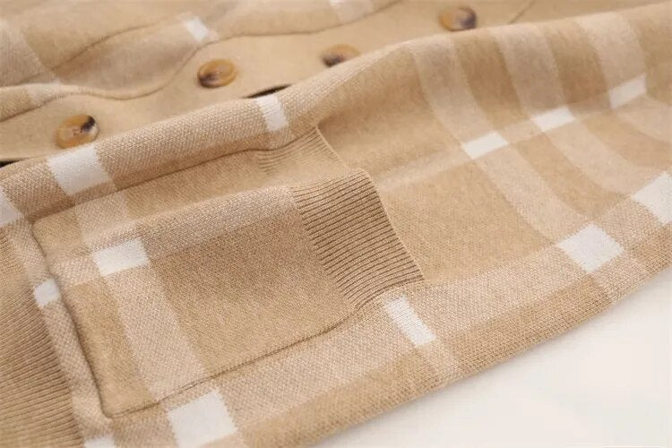 Casual Plaid Camel Knit Cardigan