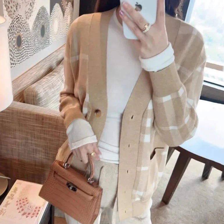 Casual Plaid Camel Knit Cardigan