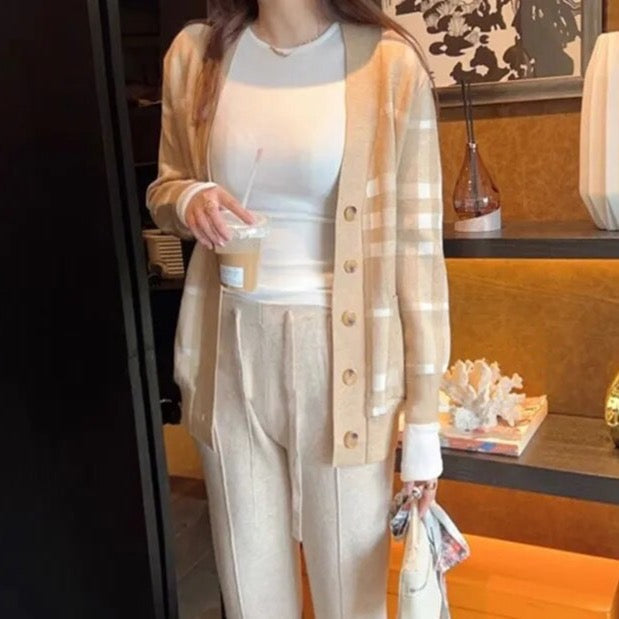 Casual Plaid Camel Knit Cardigan
