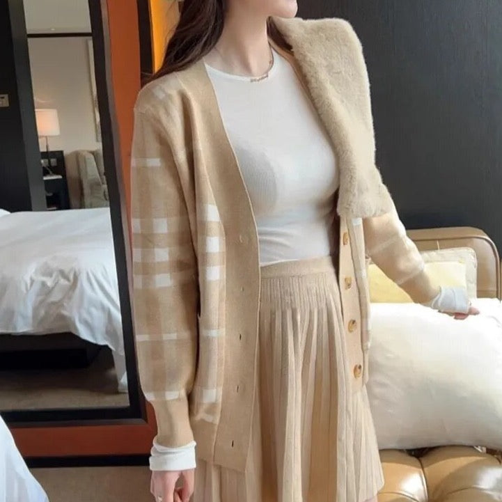 Casual Plaid Camel Knit Cardigan