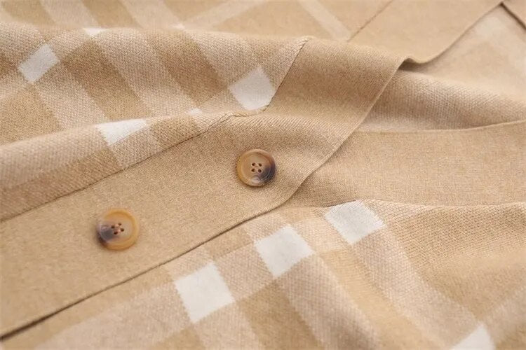 Casual Plaid Camel Knit Cardigan