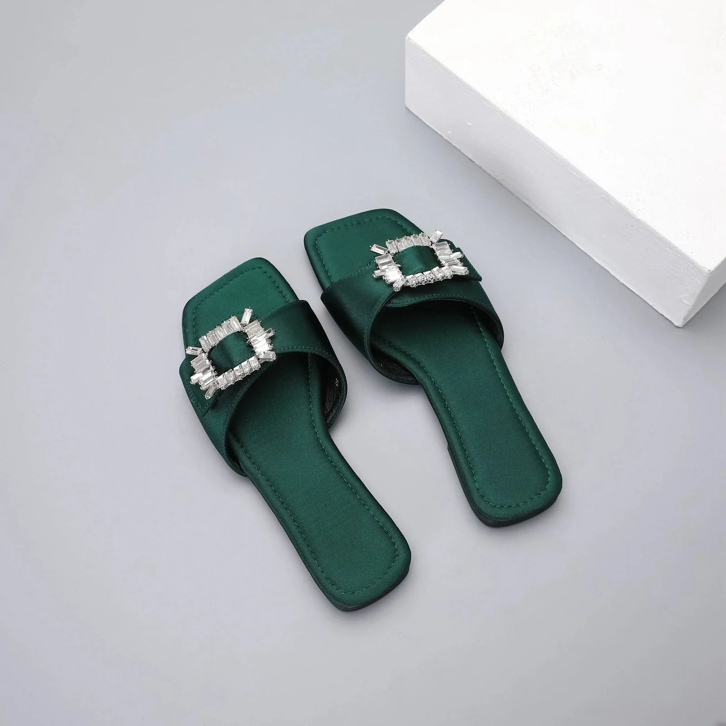 Chaitali Rhinestone Buckled Satin Slippers - 5 Colors