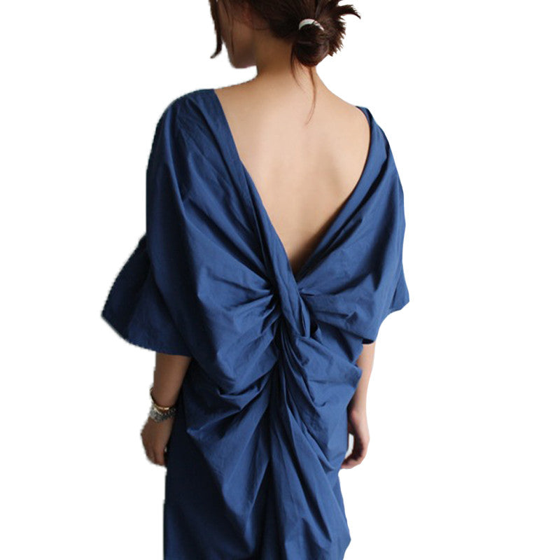 Chic Backless V-neck Dress - Blue or White