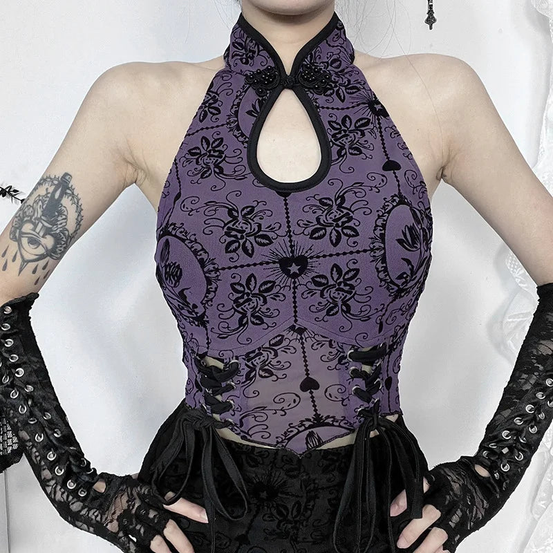 Vintage Elegant Jacquard Bandage Backless Halter Chic Crop Top