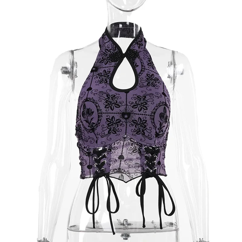 Vintage Elegant Jacquard Bandage Backless Halter Chic Crop Top