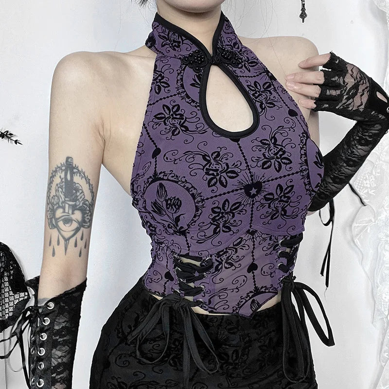 Vintage Elegant Jacquard Bandage Backless Halter Chic Crop Top