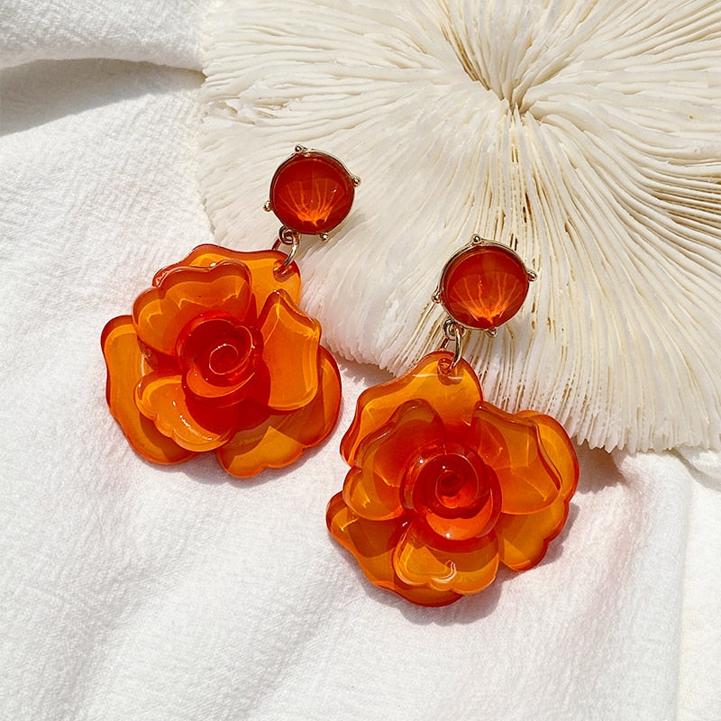 Clear Resin Rose Drop Earrings - 7 Colors