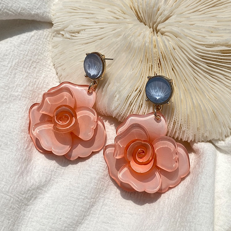 Clear Resin Rose Drop Earrings - 7 Colors