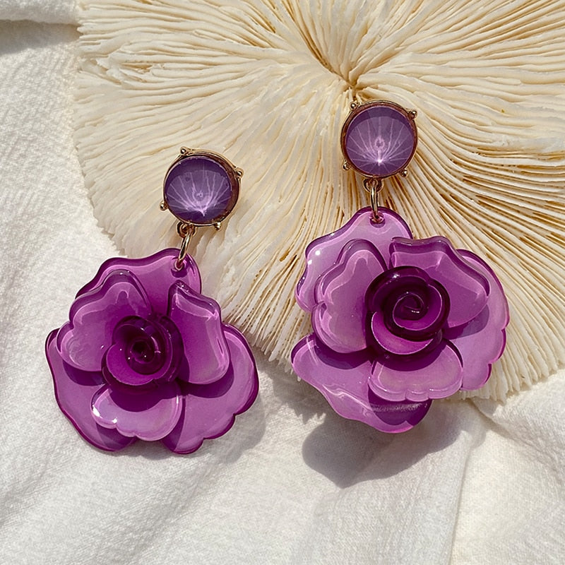 Clear Resin Rose Drop Earrings - 7 Colors