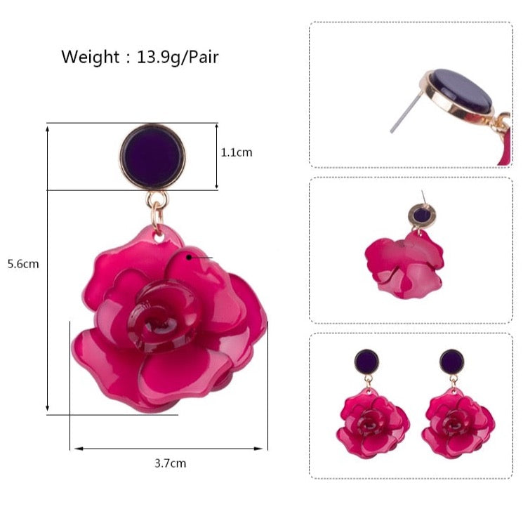 Clear Resin Rose Drop Earrings - 7 Colors