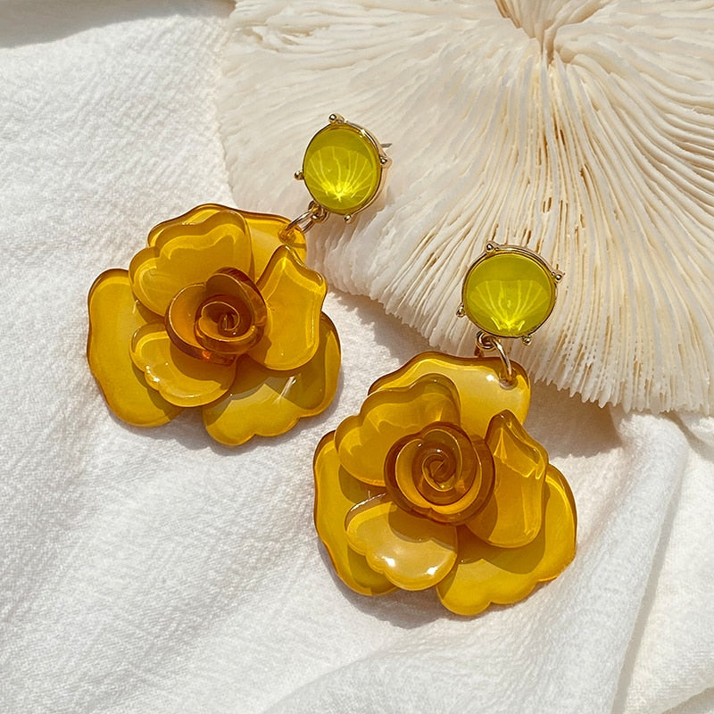 Clear Resin Rose Drop Earrings - 7 Colors