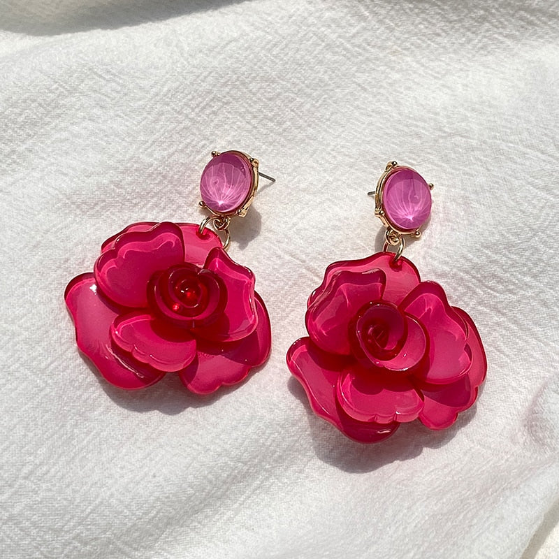 Clear Resin Rose Drop Earrings - 7 Colors