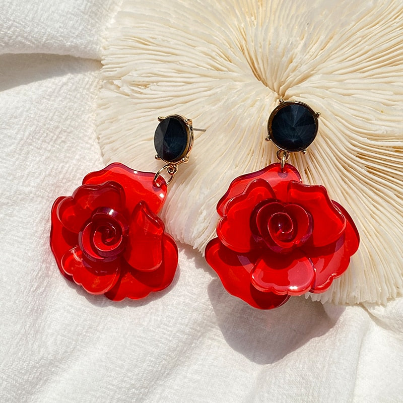 Clear Resin Rose Drop Earrings - 7 Colors