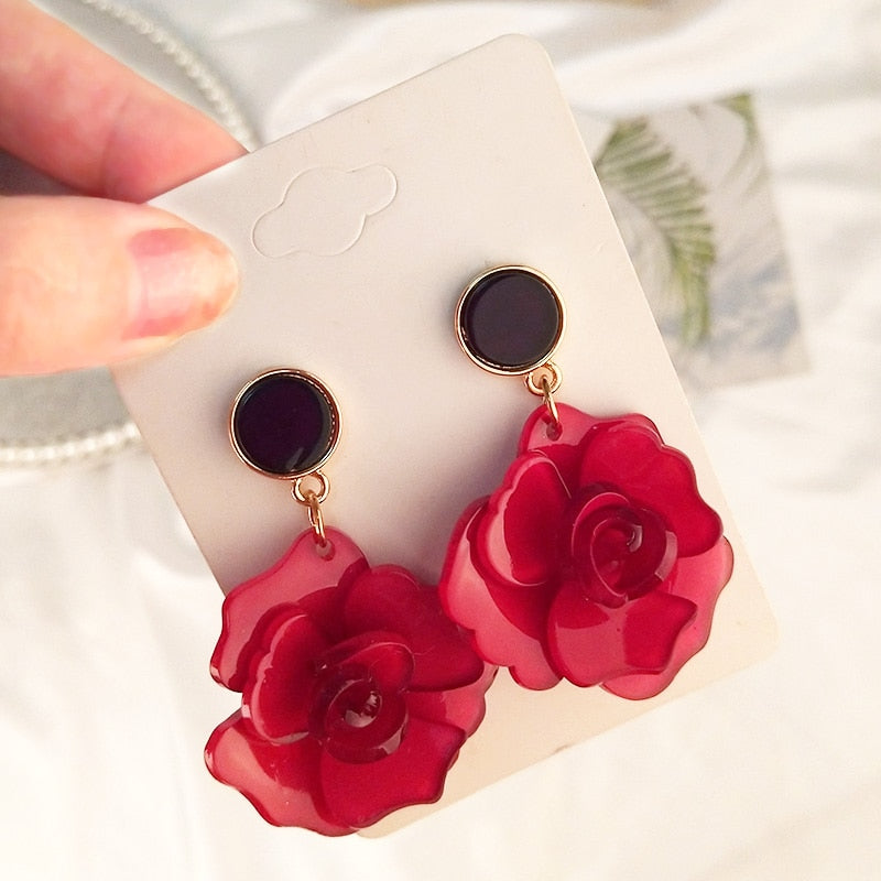 Clear Resin Rose Drop Earrings - 7 Colors