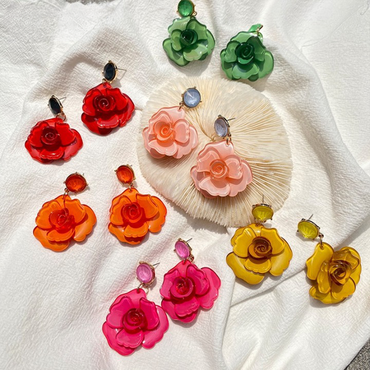 Clear Resin Rose Drop Earrings - 7 Colors