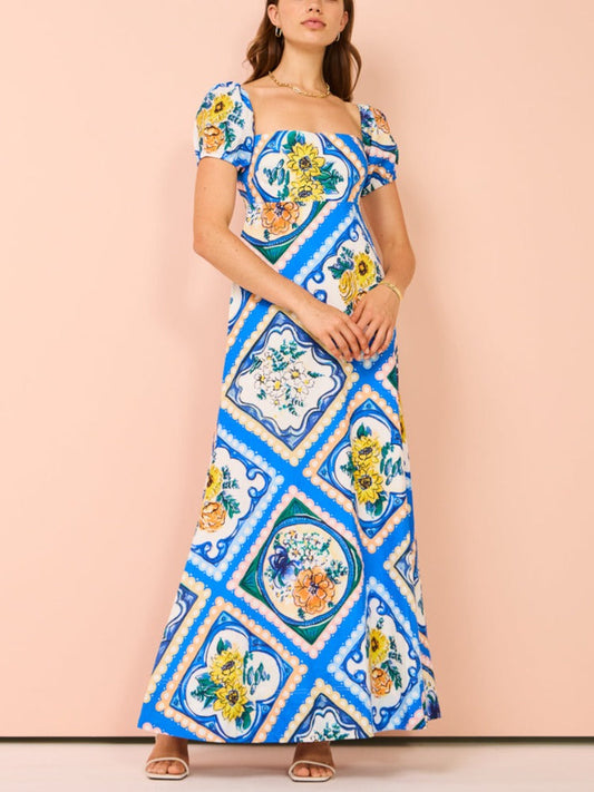 Puff Sleeve Maxi Dress in Azure Floral