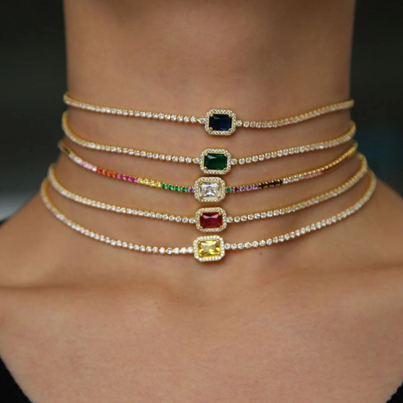 Color Crystal Gemstone Choker Necklace - Gold or Silver