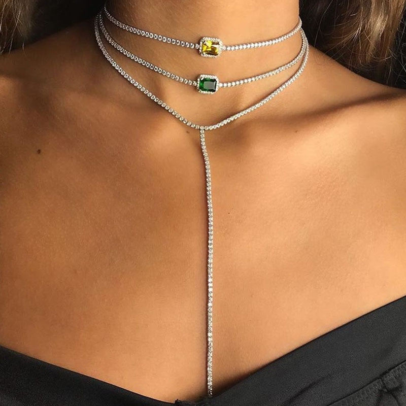 Color Crystal Gemstone Choker Necklace - Gold or Silver