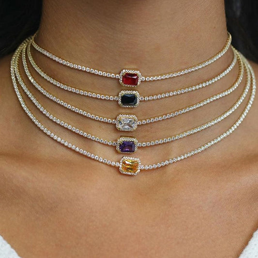 Color Crystal Gemstone Choker Necklace - Gold or Silver