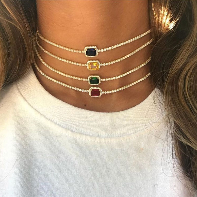 Color Crystal Gemstone Choker Necklace - Gold or Silver