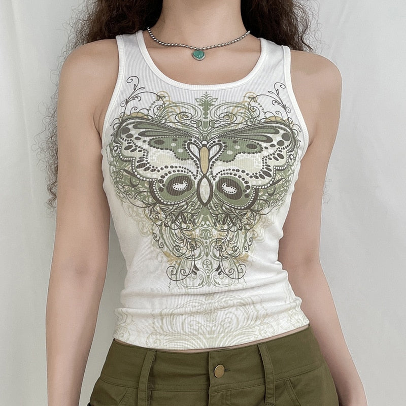Slim Knitted Vest White Sleeveless O Neck Butterfly Vintage Print Tank Crop Tops