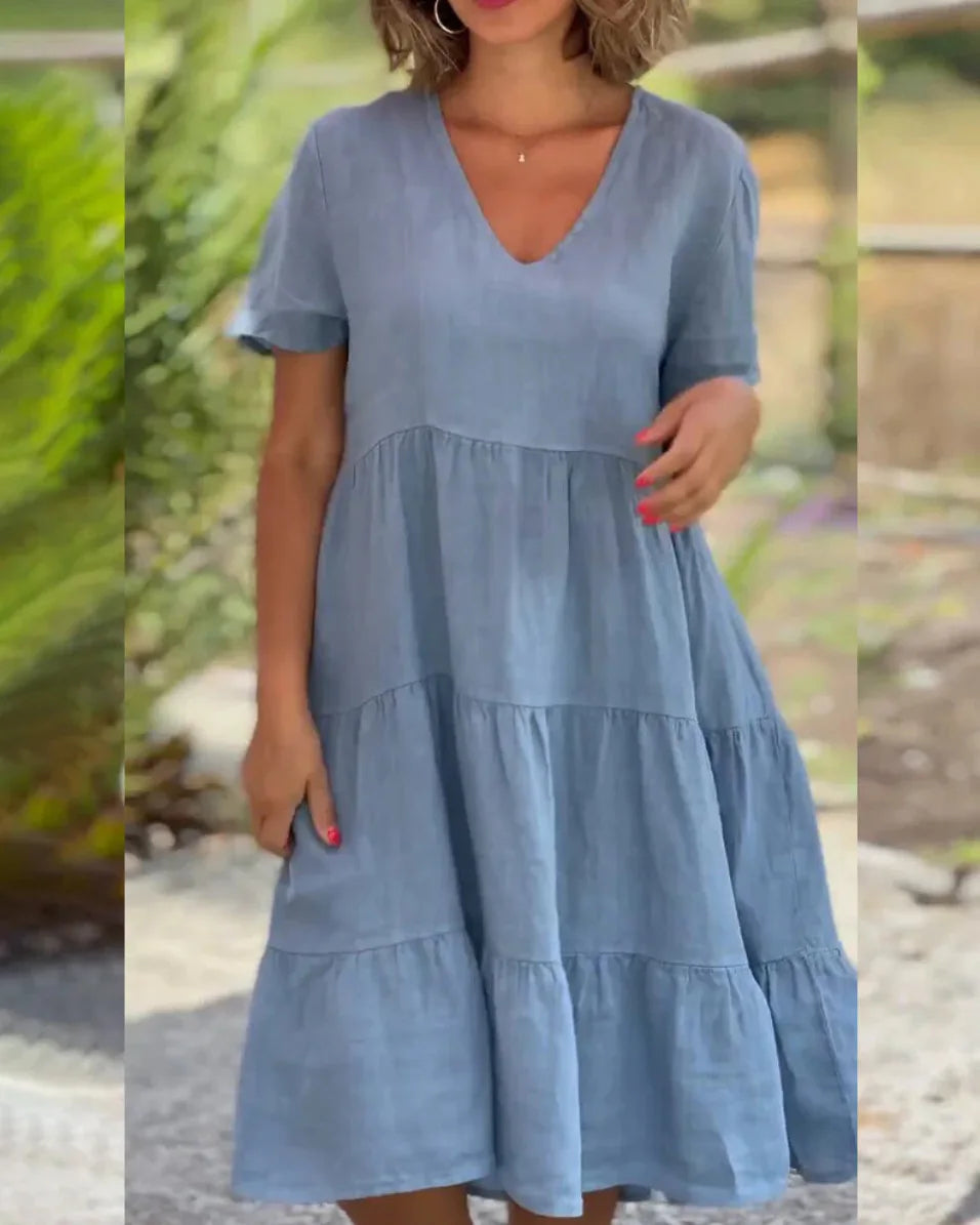 V-Neck Cotton Linen Casual Swing Midi Dress