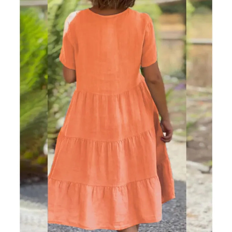 V-Neck Cotton Linen Casual Swing Midi Dress