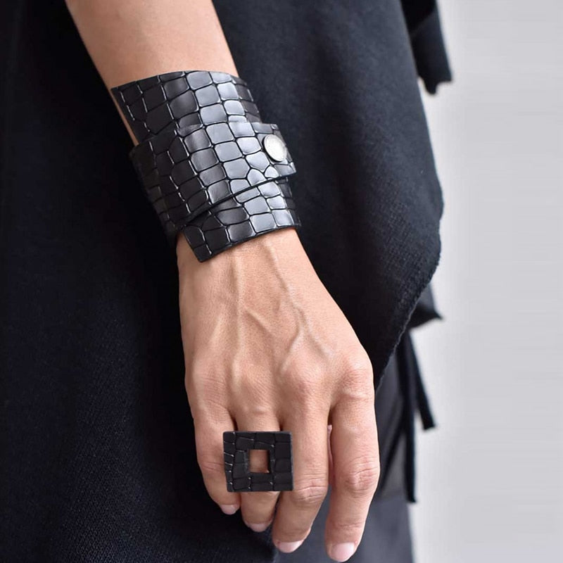 Croc Effect Leather Wrap Bracelet & Ring