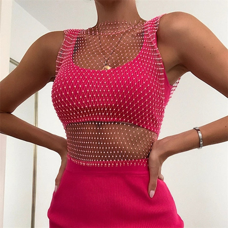 Crystal Rhinestone Embellished Mesh Tank Top - 8 Colors