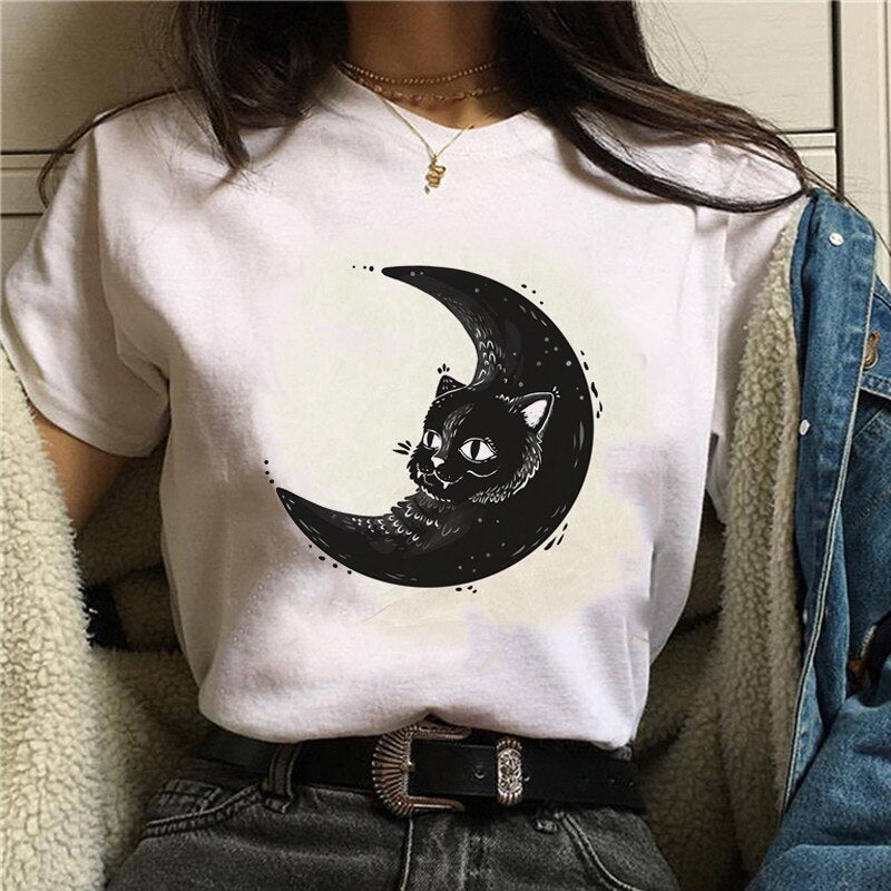 Cute Cartoon Cat Mushroom Print T Shirt