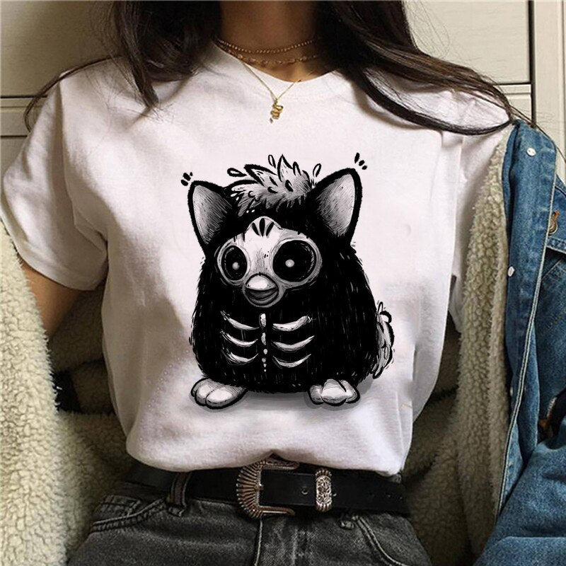 Cute Cartoon Cat Mushroom Print T Shirt